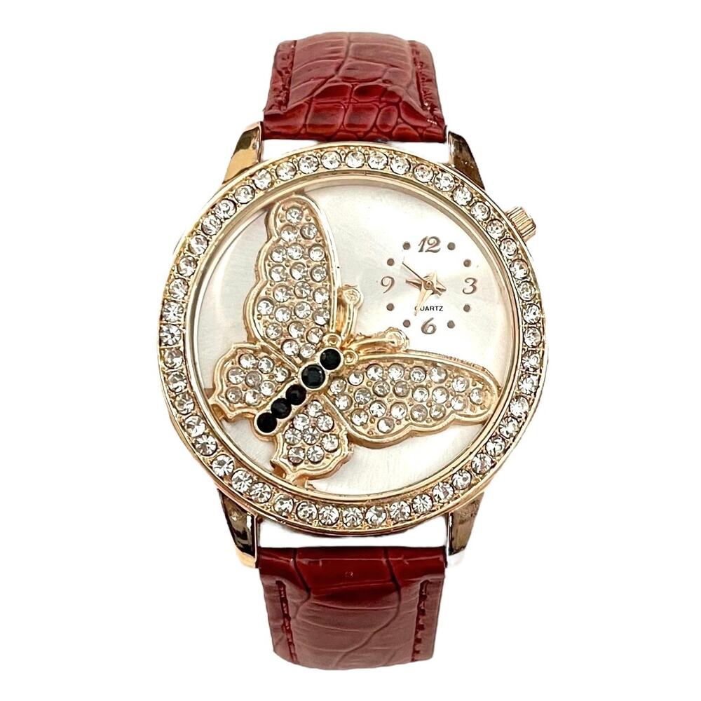 Women's RHINESTONE BUTTERFLY Watch Red Faux Leather Strap - NEW BATTERY - Picture 1 of 6